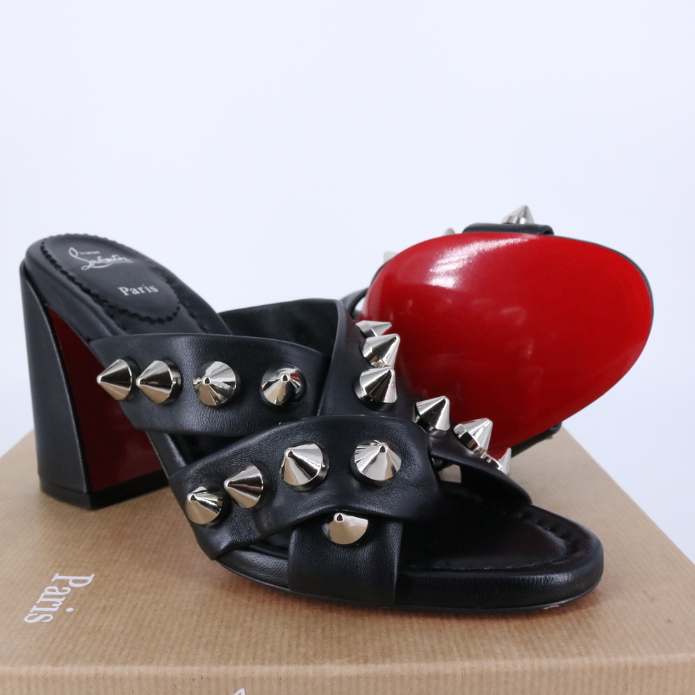 Christian Louboutin 37.5 Black Spika Club 85mm Spike Strappy Sandals Heels E727